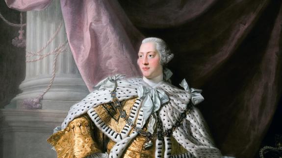Painting of King George III in white wig and coronation robes