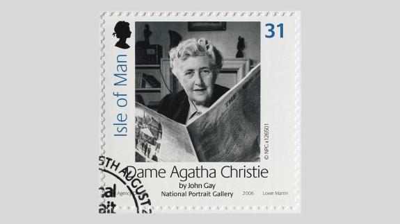 A portrait of Agatha Christie on Manx postage stamp