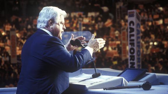 Senator Ted Kennedy address the crowd at the 2000 Democratic Convention in Los Angeles, USA