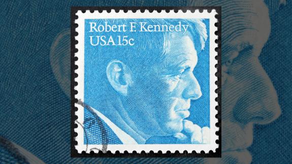 An American postal stamp featuring a portrait of Robert Francis Kennedy