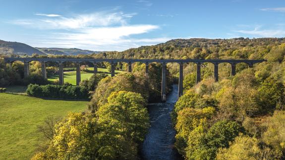 An aerial photo of Pontcysyllte Aqueduct in Wrexham, UK