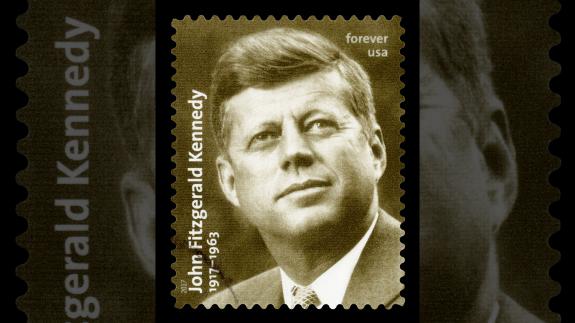 A 2017 US postal stamp featuring a portrait of John Fitzgerald Kennedy