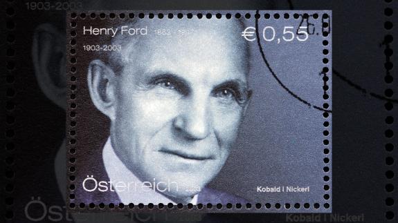 A 2003 Austrian postal stamp featuring a portrait of Henry Ford