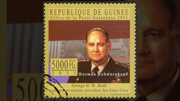 A Republic of Guinea postal stamp featuring Norman Schwarzkopf (1934-2012)