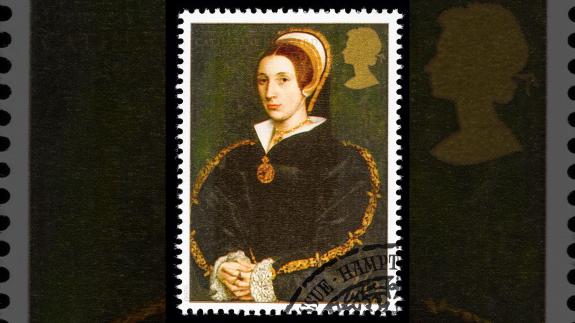 A British postal stamp commemorating King Henry 8th showing Catherine Howard, one of his many wives