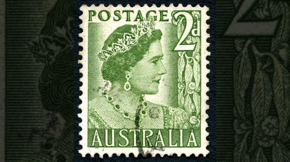 A postage stamp from Australia circa 1950, depicting a portrait of Elizabeth Bowes Lyon