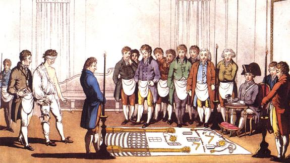Engraving of a Freemason initiation
