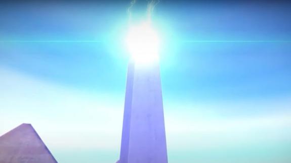 Rendering of blue light emitting from the top of an obelisk