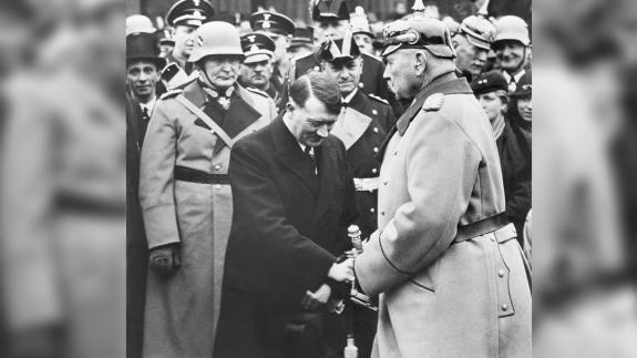 The newly appointed chancellor, Adolf Hitler, greets President von Hindenburg in Berlin, Germany, 1933
