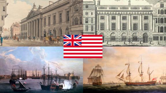 Flag and illustrations of the British East India Company