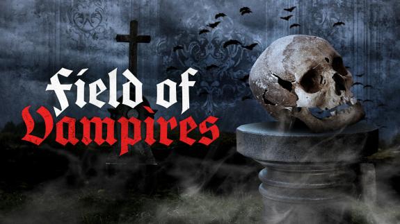 'Field of Vampires' next to a human skull in a graveyard