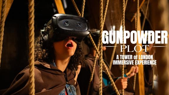 A person wearing a VR headset while sitting on a swing at the Gunpowder Plot immersive experience