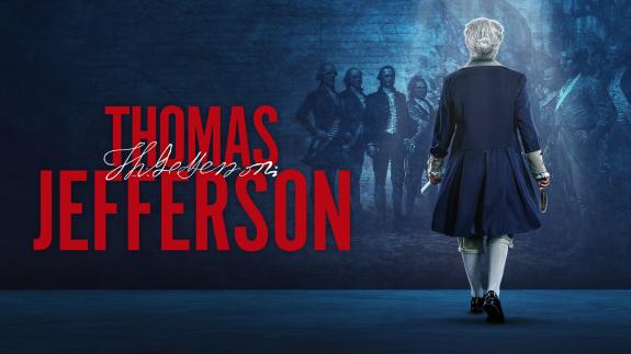 'THOMAS JEFFERSON' - A character resembling Thomas Jefferson walking away from the audience