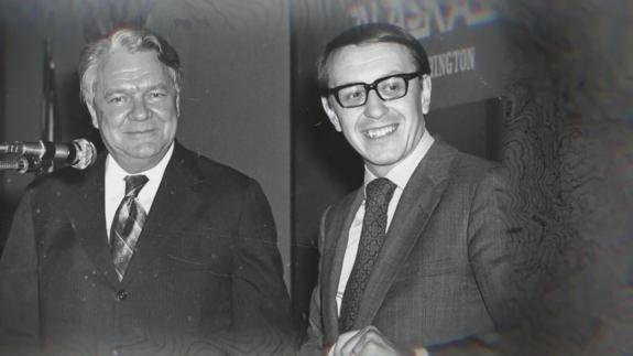 A black and white photo of Hale Boggs and Nick Begich Sr - two US congressmen who disappeared in 1972 on a flight from Anchorage to Juneau in Alaska