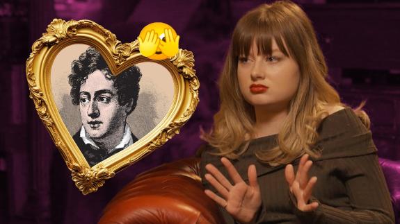 Katie Kennedy sitting in large red chair next to a portrait of Lord Byron