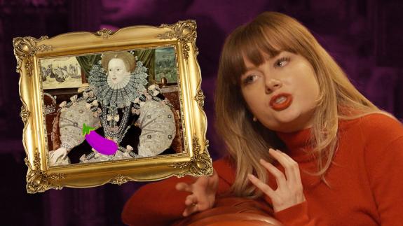 Katie Kenny talks next to an image of Elizabeth I