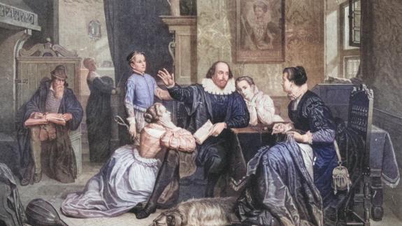 Colourised image of William Shakespeare talking to his family. His wife and daughters sit listening to him while his son, Hamnet Shakespeare, stands over his shoulder