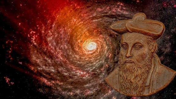 An illustration of Nostradamus in front of an orange galaxy