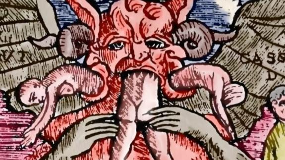 Medieval imagery depicting Satan eating human children