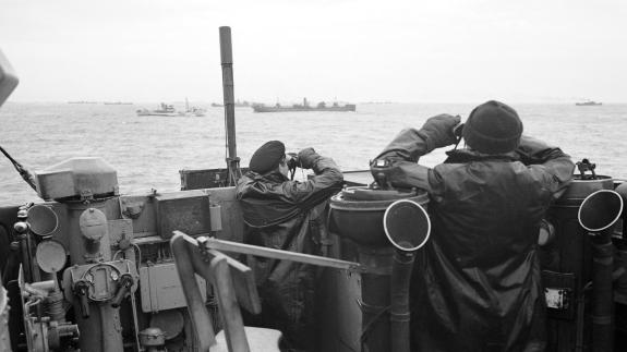 Officers on the bridge of a destroyer during the Battle of the Atlantic