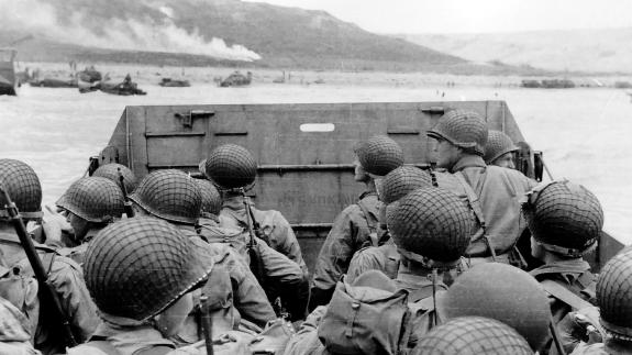 American troops approaching Omaha Beach during the invasion of Normandy on D-Day