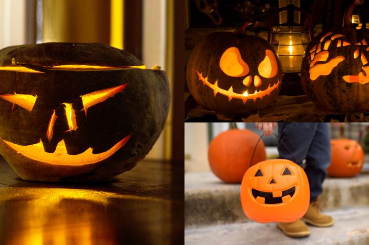 A montage of Halloween themed images including pumpkins and a child trick or treating