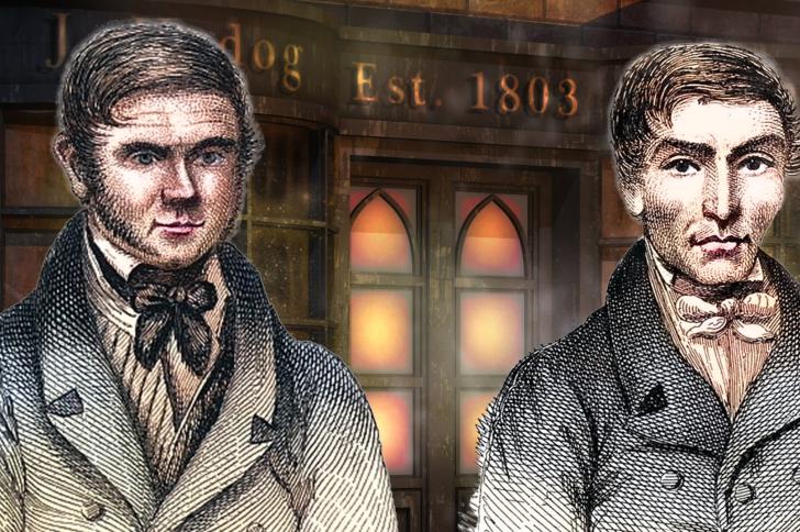 Court sketches of Burke and Hare and a Victorian shopfront in the backgroun