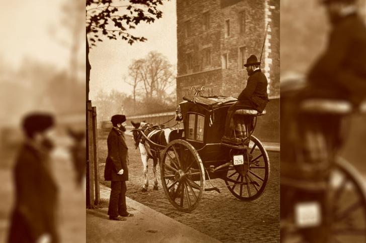 A hansom cab on a London street in 1877