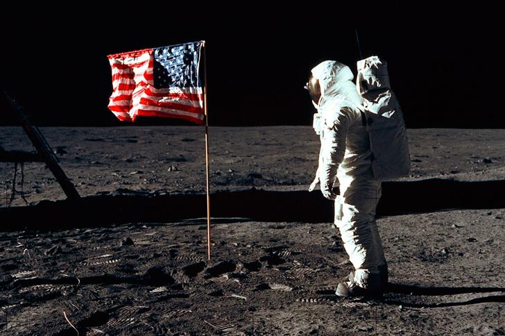 Buzz Aldrin saluting the US flag on the surface of the Moon