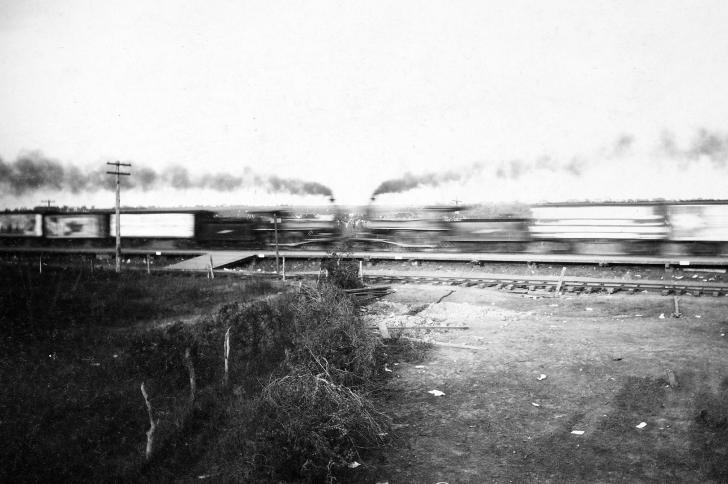 Black and white photograph of the moment of impact between the two trains during the 'Crash at Crush'