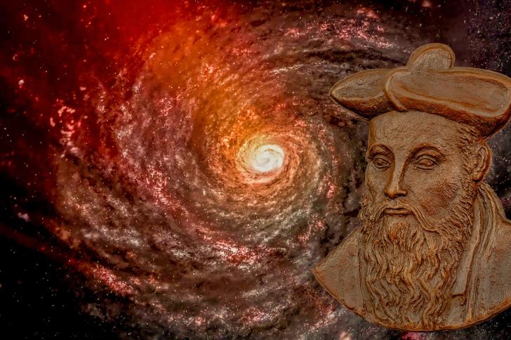 An illustration of Nostradamus in front of an orange galaxy