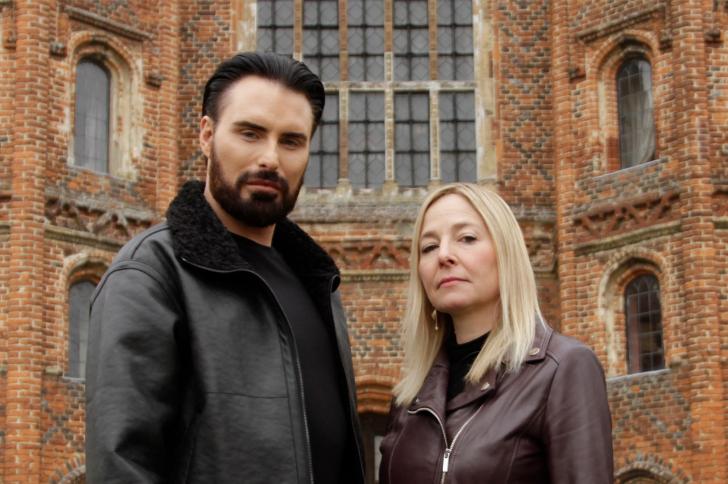 Rylan Clark and Professor Alice Roberts stand in front of an old stately home