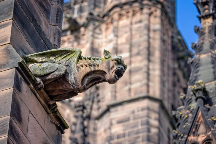 Close up of a gargoyle on the outside of Chester Cathedral