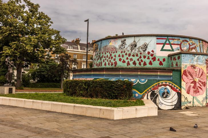 The entrance to the underground air raid shelter near Stockwell station now used as a war memorial