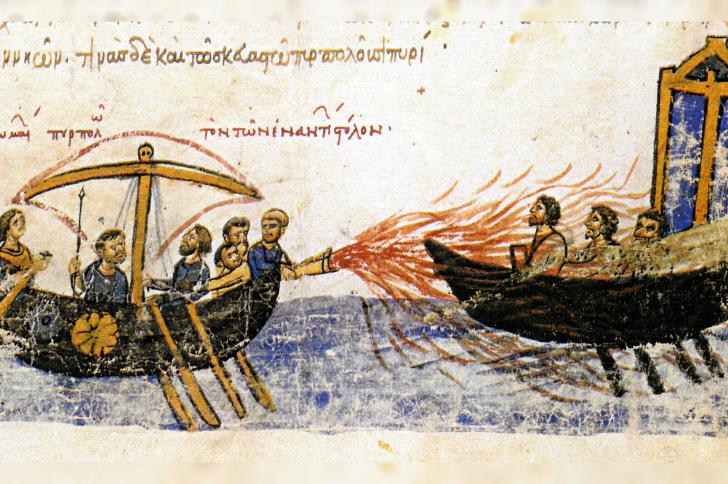 12th century illustration of Greek fire being used