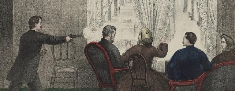 Drawing of John Wilkes Booth firing at the back of Abraham Lincoln's head