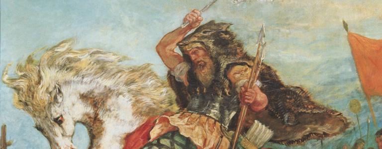 19th century painting of Attila the Hun riding a pale horse