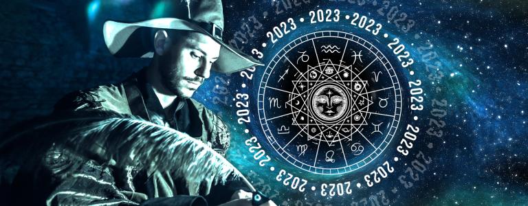 A graphic depiction of Nostradamus and a starry sky with the text '2023' repeating in a circle