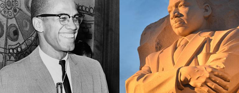 A photo montage showing Malcolm X in March 1964 and the Martin Luther King Jr Memorial on the National Mall in Washington DC, USA.