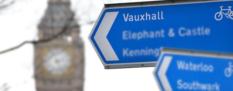 A modern road sign for Vauxhall, London, UK