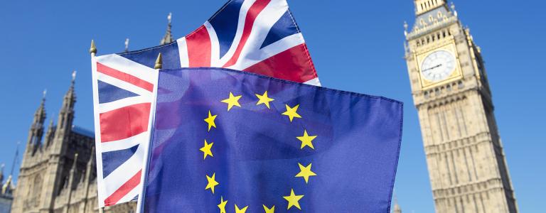 A photograph of the EU flag and the UK's Union Flag