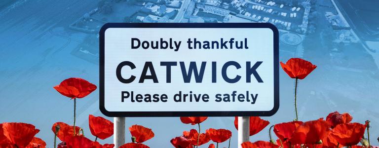 An edited image showing an aerial view of Catwick, Yorkshire and the road sign for the village, surrounded by digitally added poppies