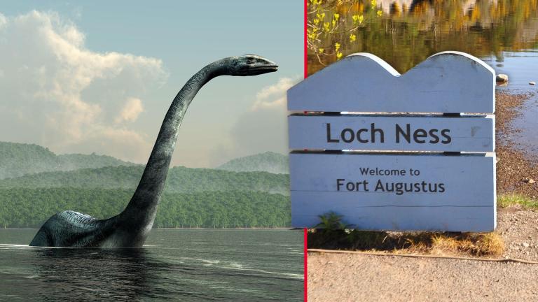 Left: A 3D rendering of Nessie, the famed lake monster of Loch Ness. Right: View of Loch Ness from the bank of Fort Augustus, Scotland.