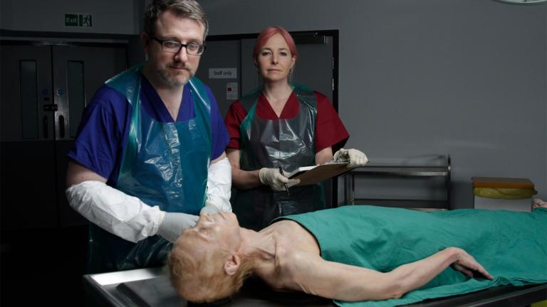 Dr Brett Lockyer and Professor Alice Roberts standing next to a prosthetic body