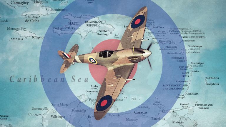 A graphic composite image showing a WWII RAF plane and a map of the Caribbean