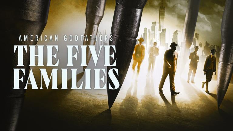 'AMERICAN GODFATHERS THE FIVE FAMILIES' - Gangsters walk through huge bullets in front of the Manhattan skyline