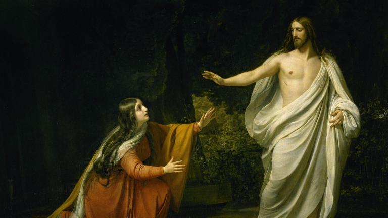 Painting of Mary Magdalene kneeling before Jesus after his resurrection