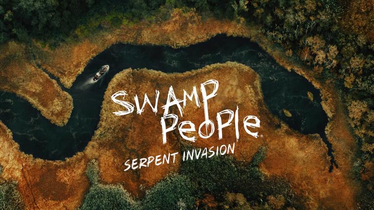 'SWAMP PEOPLE: SERPENT INVASION' - An aerial view of a river in the Florida Everglades edited to look like a python