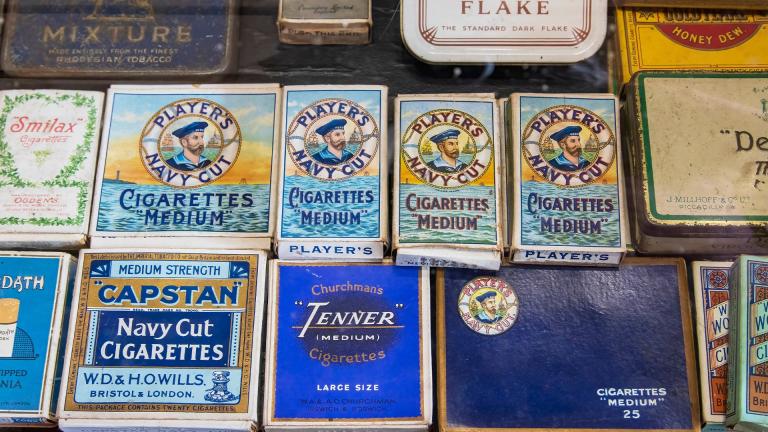 A display of vintage cigarette boxes