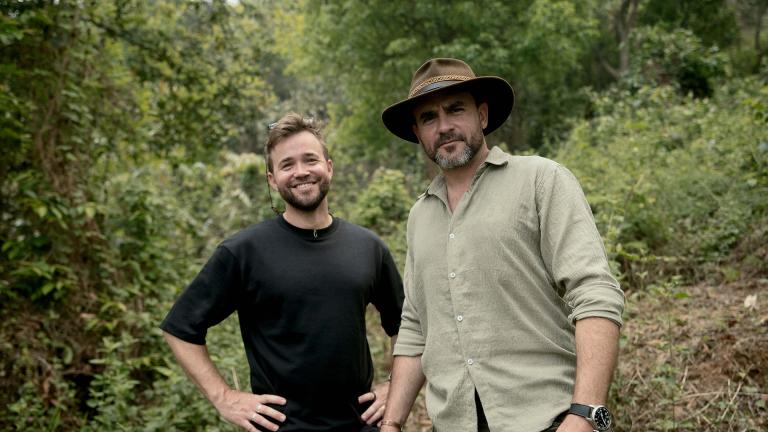 Alex Bescoby (L) and Levison Wood (R) in the jungles of Assam, India.